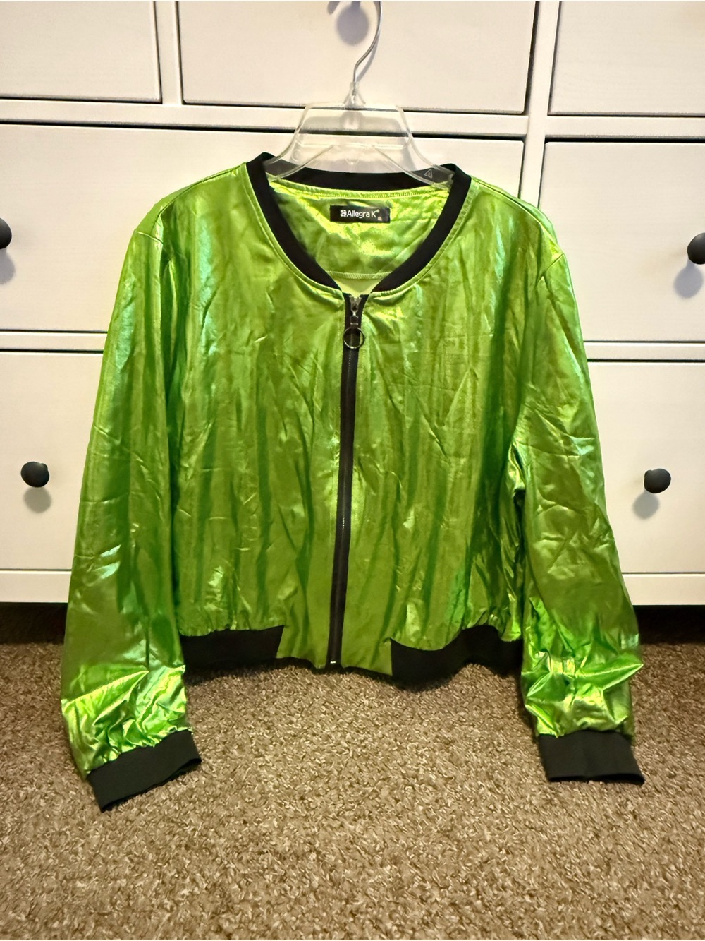 Allegra K Shiny Lime Green Bomber Jacket with Black Trim
